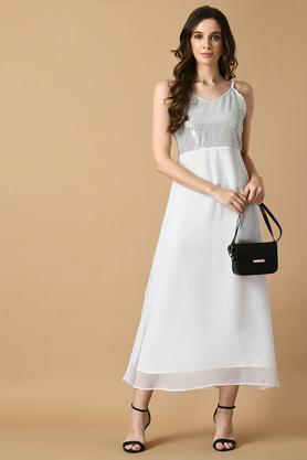 solid v-neck georgette women's dress - white
