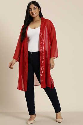 solid v-neck georgette women's festive wear shrug - red