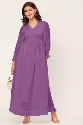 solid v-neck georgette women's full length dress - lavender