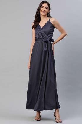 solid v-neck georgette women's full length dress - navy