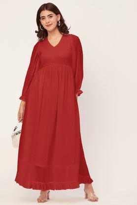 solid v-neck georgette women's full length dress - red