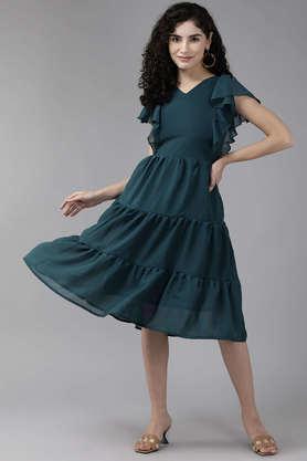 solid v-neck georgette women's knee length dress - green