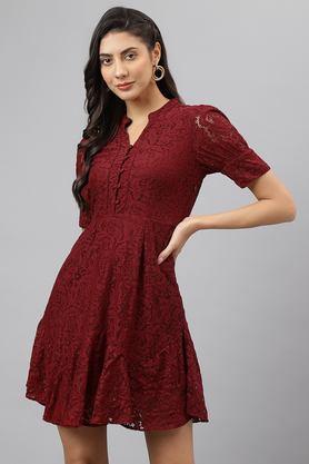 solid v-neck nylon women's dress - maroon