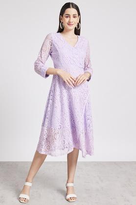 solid v neck nylon women's midi dress - lilac