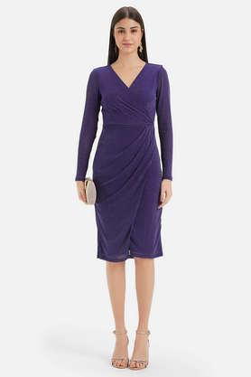 solid v neck nylon women's midi dress - purple mix