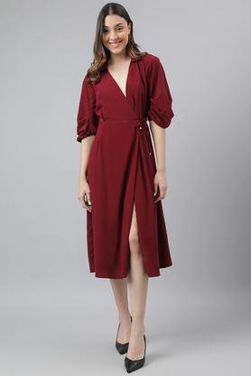 solid v-neck polyester women's calf length dress - maroon