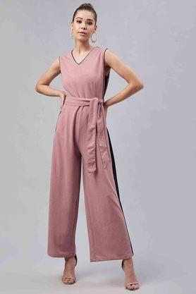 solid v-neck polyester women's casual dress - peach