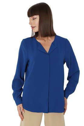 solid v neck polyester women's casual wear shirt - blue