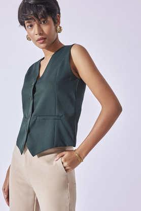 solid v-neck polyester women's casual wear waistcoat - green