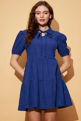 solid v-neck polyester women's dress - blue