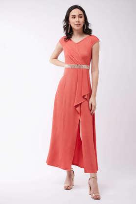 solid v-neck polyester women's dress - coral