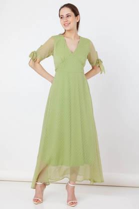 solid v-neck polyester women's dress - green