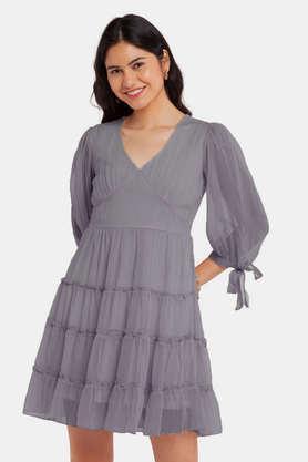 solid v-neck polyester women's dress - grey