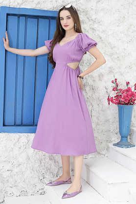 solid v-neck polyester women's dress - purple