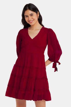 solid v-neck polyester women's dress - red