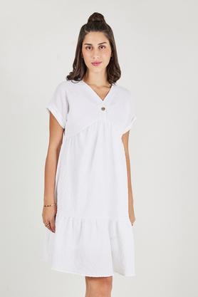 solid v-neck polyester women's dress - white