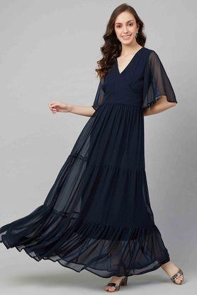 solid v-neck polyester women's fit and flare dress - navy