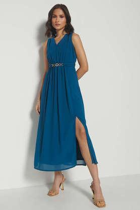 solid v neck polyester women's gown - teal