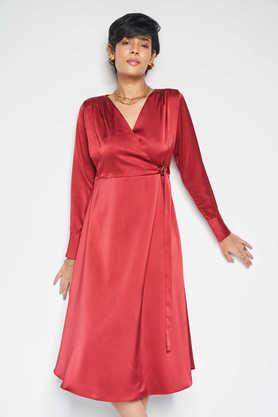 solid v-neck polyester women's knee length dress - red