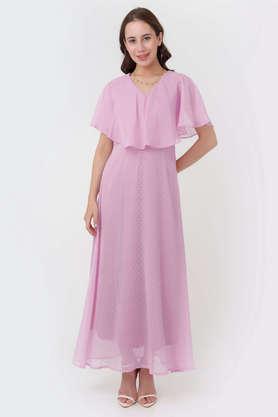 solid v neck polyester women's maxi dress - pink