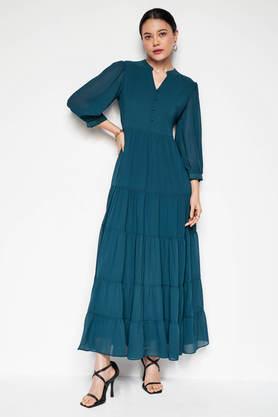 solid v neck polyester women's maxi dress - teal