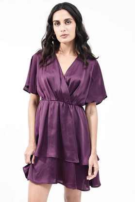 solid v-neck polyester women's mid thigh dress - purple