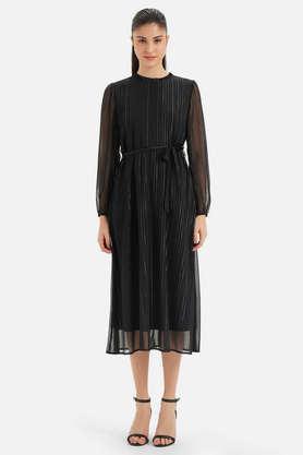 solid v-neck polyester women's midi dress - black