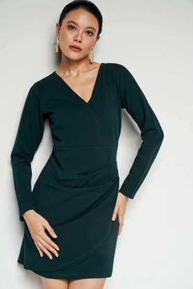 solid v neck polyester women's mini dress - emerald
