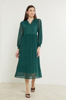 solid v neck polyester women's mini dress - green