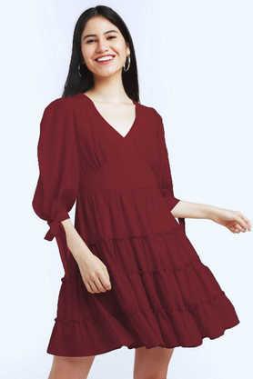 solid v neck polyester women's mini dress - maroon