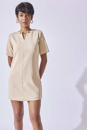 solid v-neck polyester women's mini dress - natural