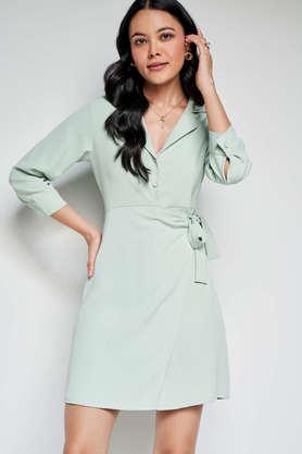 solid v neck polyester women's mini dress - pista green