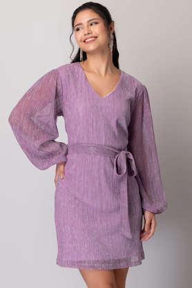 solid v-neck polyester women's mini dress - purple