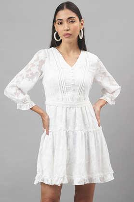 solid v-neck polyester women's mini dress - white