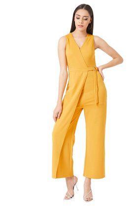 solid v-neck polyester women's regular fit dress - yellow