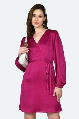 solid v-neck polyester women's short dress - pink