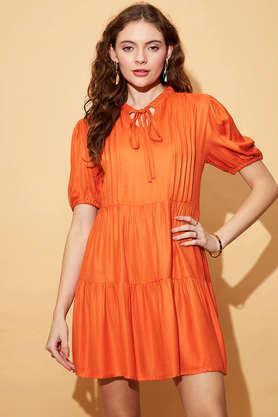 solid v-neck rayon women's dress - orange