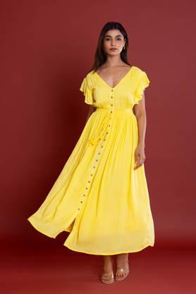 solid v-neck rayon women's dress - yellow