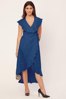 solid v-neck rayon women's full length dress - blue