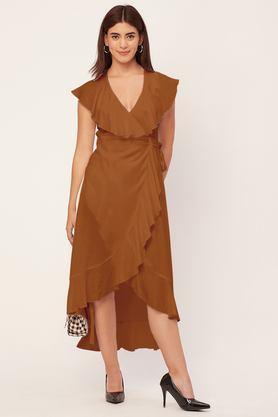 solid v-neck rayon women's full length dress - mustard