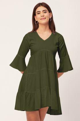 solid v-neck rayon women's knee length dress - green