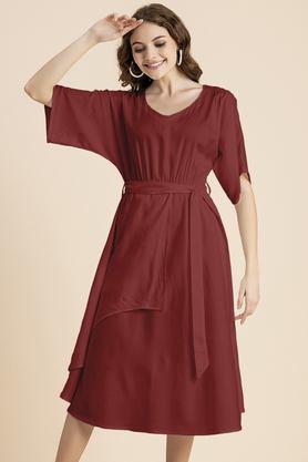 solid v-neck rayon women's knee length dress - red