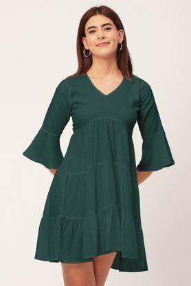 solid v-neck rayon women's knee length dress - teal_green