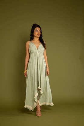 solid v neck rayon women's maxi dress - anthra