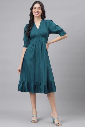 solid v-neck rayon women's maxi dress - blue