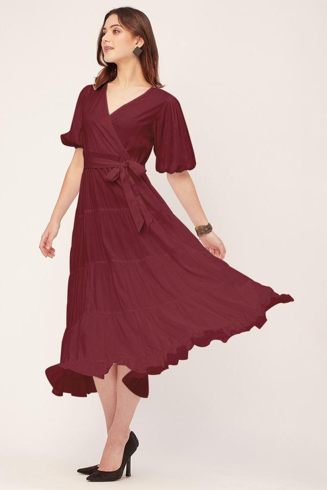 solid v-neck rayon womens full length dress