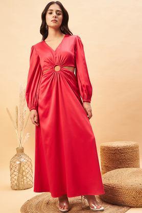 solid v-neck satin women's full length dress - red