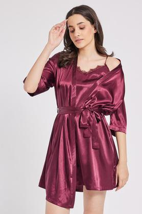 solid v neck satin women's knee length dress - wine