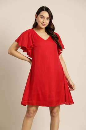 solid v neck silk blend women's a- line dress - red