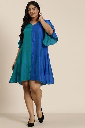 solid v-neck silk women's dress - blue